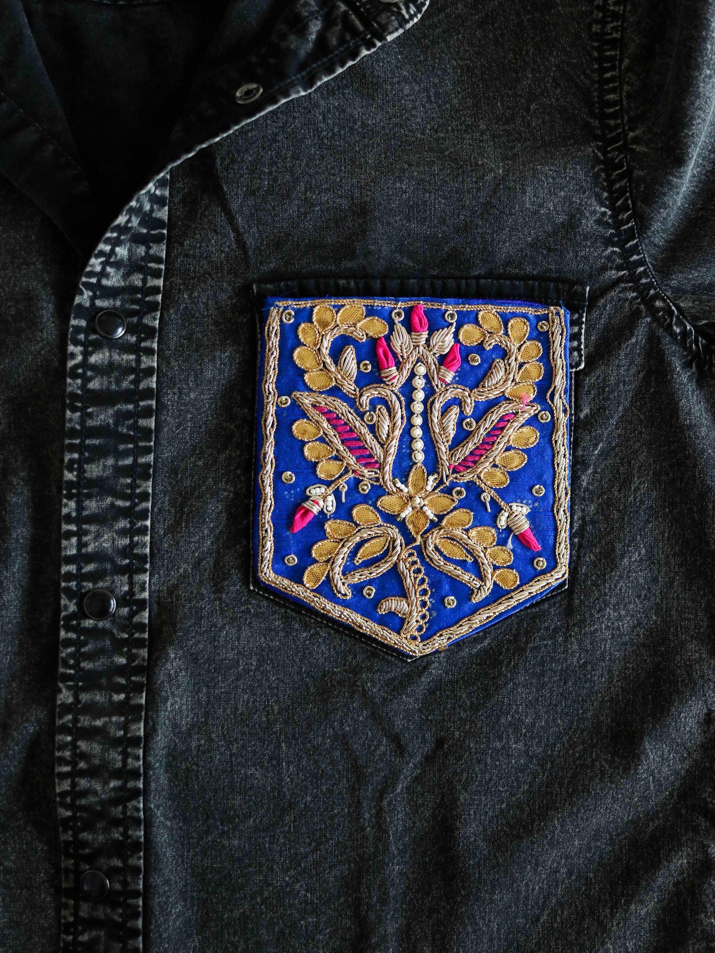 Blue Gold Embroidered Pocket Patch,Handmade Indian Blue Pocket Applique,Boho Kitschy Floral Bird Patch,DIY Denim Jacket Patch