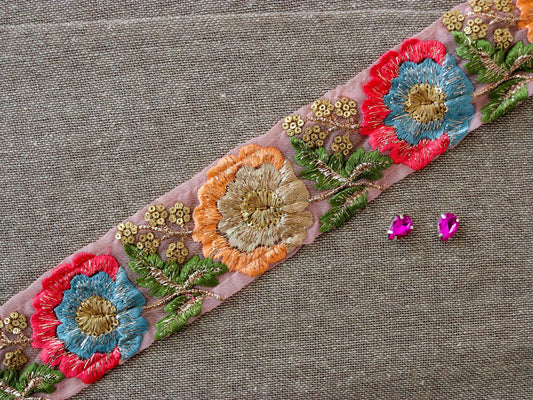 Peach Fuzz Floral Embroidered Trim,Pink Tissue Floral Lace,Indian Fabric Trim,Pink Orange Floral Organza Saree Border,Price/mtr, インド刺繍リボン