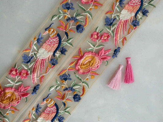 Pink Grey Parrot Floral Trim,Embroidered Macaw Floral Net Border,Pink Bird Lace,Indian Fabric Trim,Floral Saree Border,Price/mtr
