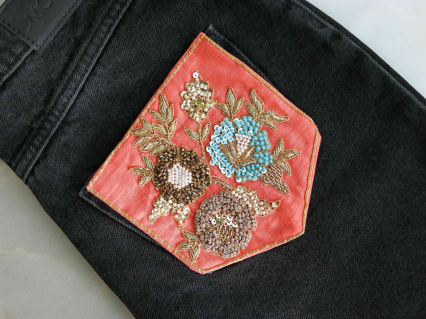 Peach Gold Embroidered Pocket Patch,Handmade Indian Peach Pocket Applique,Boho Kitschy Floral Bird Patch,DIY Denim Jacket Patch