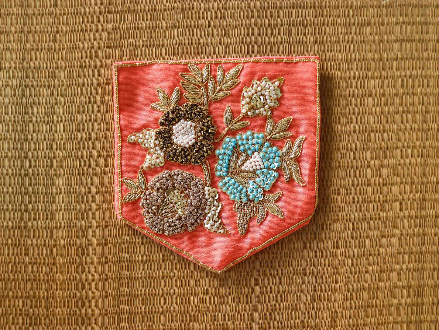 Peach Gold Embroidered Pocket Patch,Handmade Indian Peach Pocket Applique,Boho Kitschy Floral Bird Patch,DIY Denim Jacket Patch