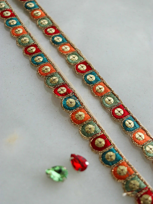 Thin Multicolour Embroidered Sequin Trim,Red Teal Gold Scallop Border,Bridal Designer Lace,Colourful Sequin Saree Border,Price/mtr