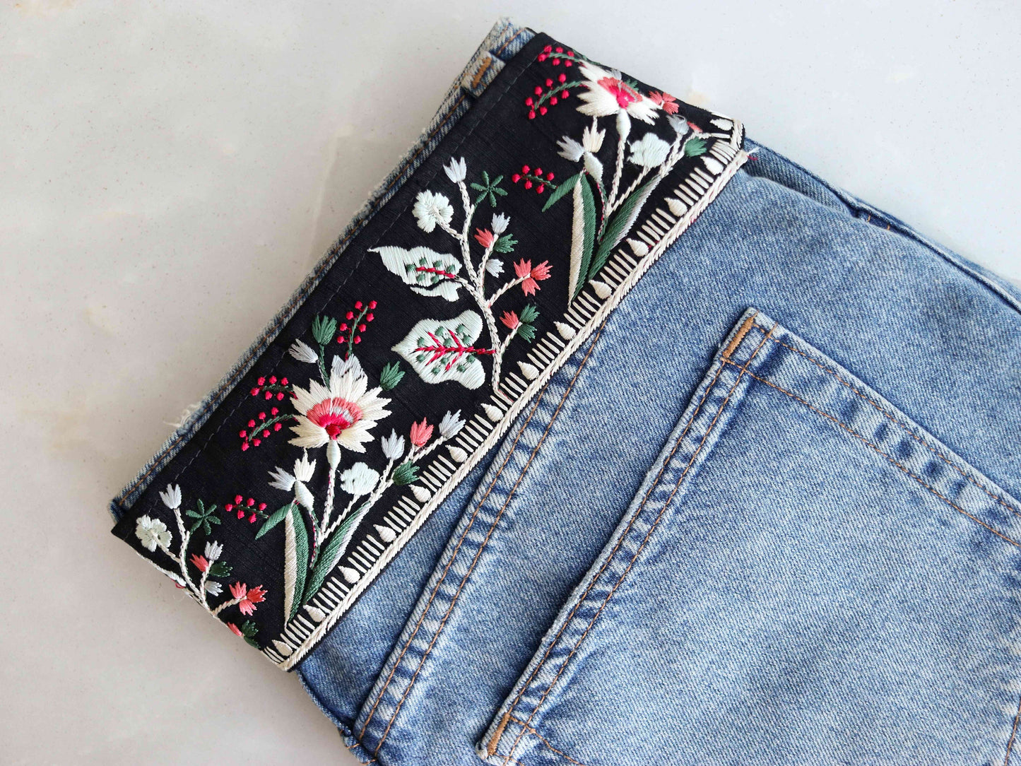 Black White Floral Embroidered Trim,Indian Fabric Embroidered Border,Parsi Embroidery Lace,Black Saree Border,Price/mtr