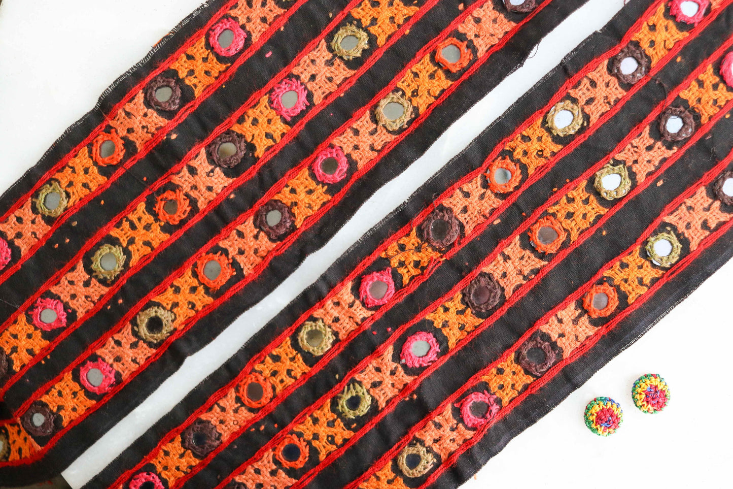 Black Orange Embroidered Kutchi Trim,Handmade Indian Border,Orange Narrow Mirror Embroidered Lace,Tribal Boho Hippie Saree Border,Price/mt