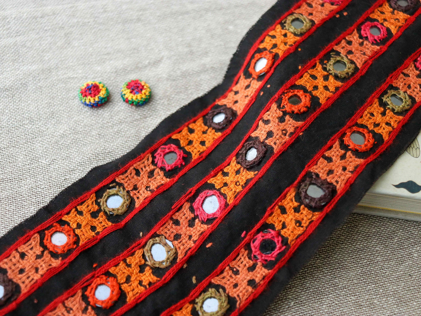 Black Orange Embroidered Kutchi Trim,Handmade Indian Border,Orange Narrow Mirror Embroidered Lace,Tribal Boho Hippie Saree Border,Price/mt