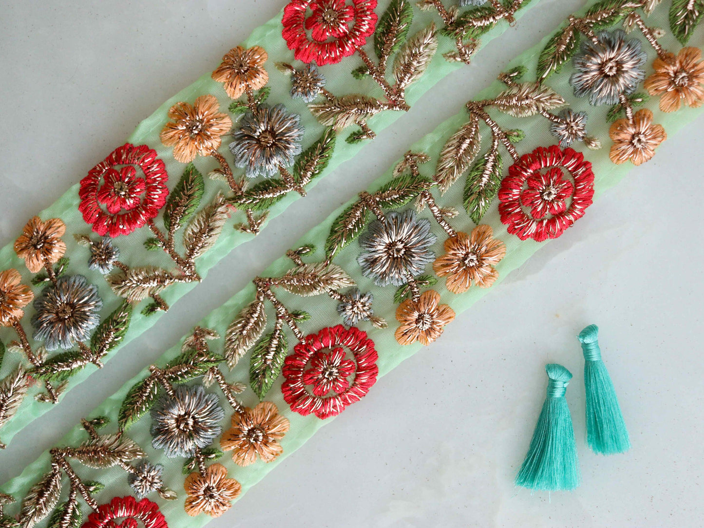 Mint Red Floral Embroidered Trim,Green Tissue Floral Lace,Indian Fabric Trim,Green Gold Floral Organza Saree Border,Price/mtr