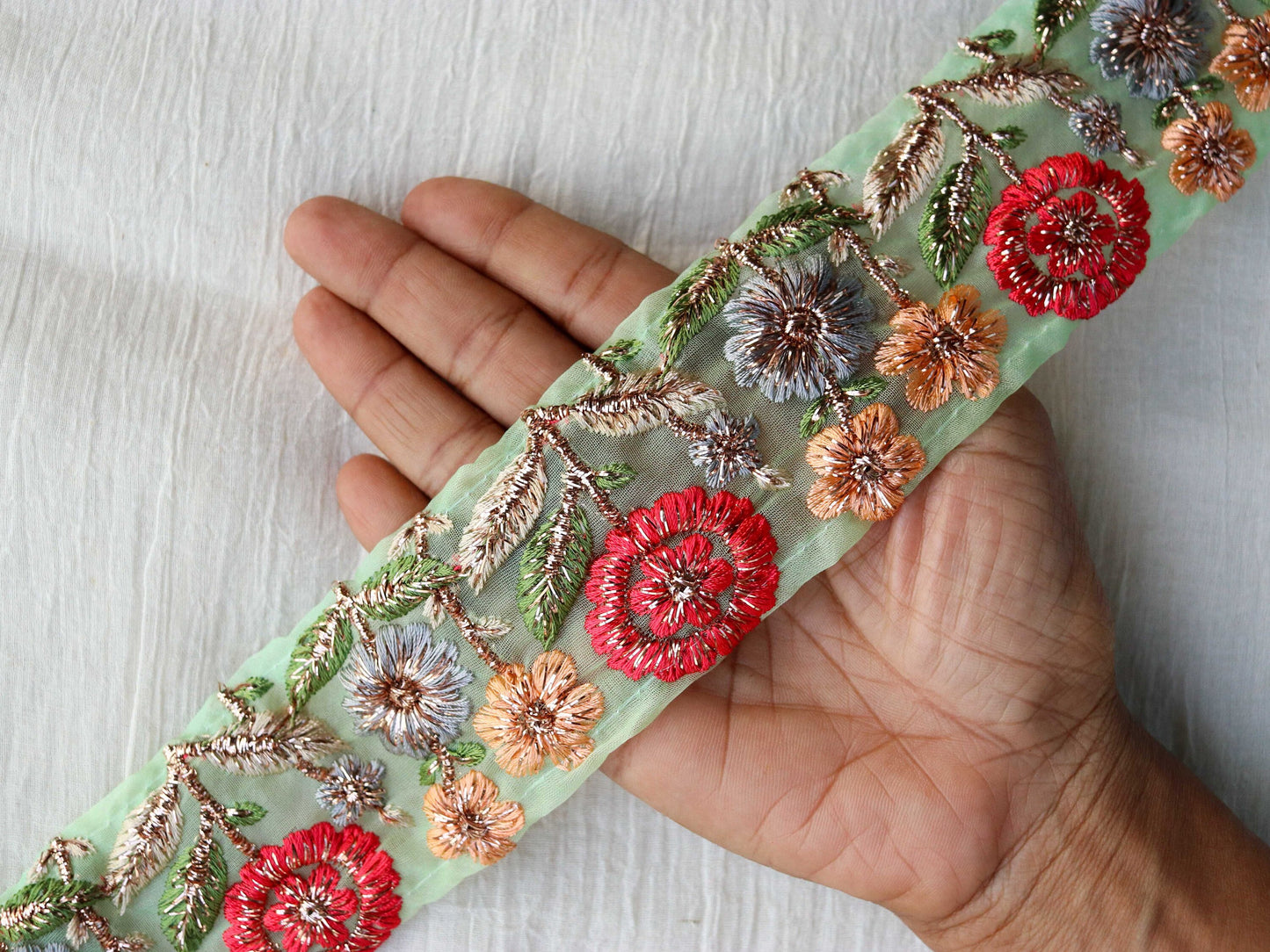 Mint Red Floral Embroidered Trim,Green Tissue Floral Lace,Indian Fabric Trim,Green Gold Floral Organza Saree Border,Price/mtr