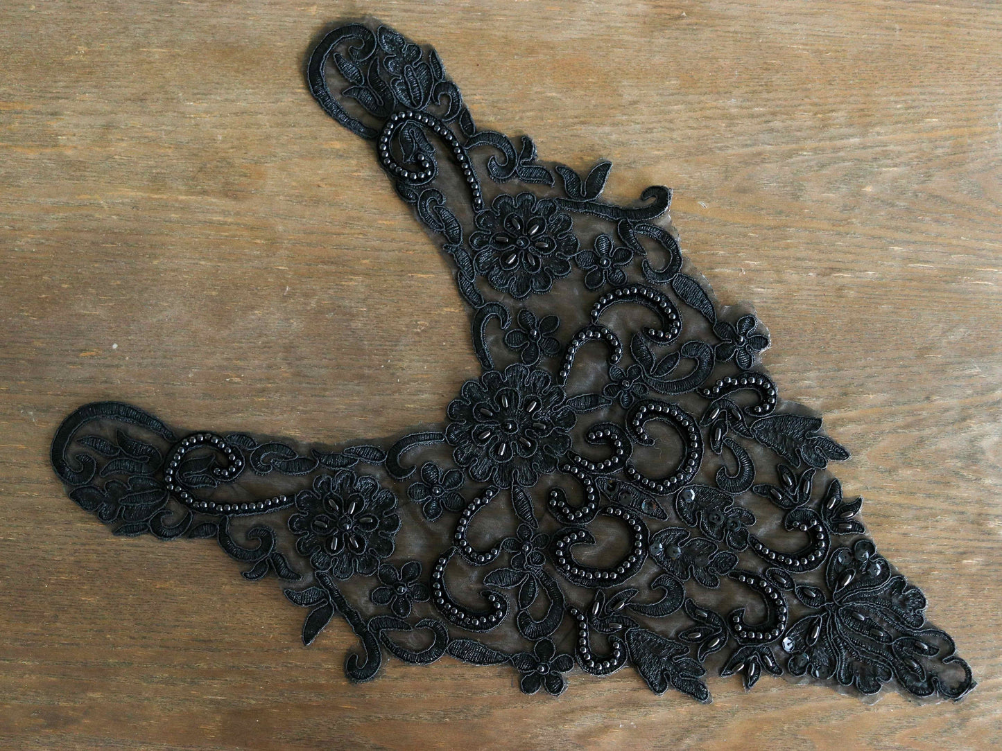 Black Beaded Embroidered Neckline Patch,Handmade Vintage Collar Patch,Black Beaded Crafting DIY Neck Patch,Backline Applique