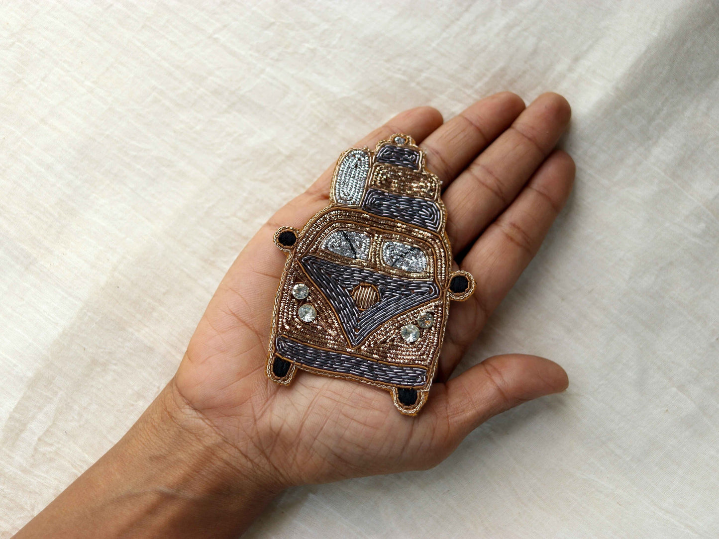 Vintage Van Quirky embroidered patch,Handmade Golden Car Vehicle applique,Boho patch,Holiday Travel Costume Denim Sew on DIY Patch