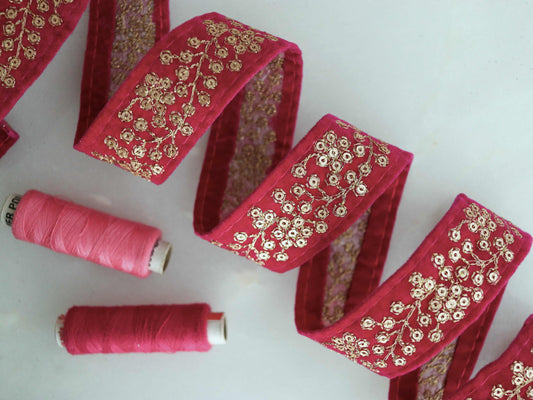 Pink Gold Floral Velvet Trim,Indian Floral Embroidered Border,Pink Gold Floral Lace,Velvet Saree Border,Price/mtr