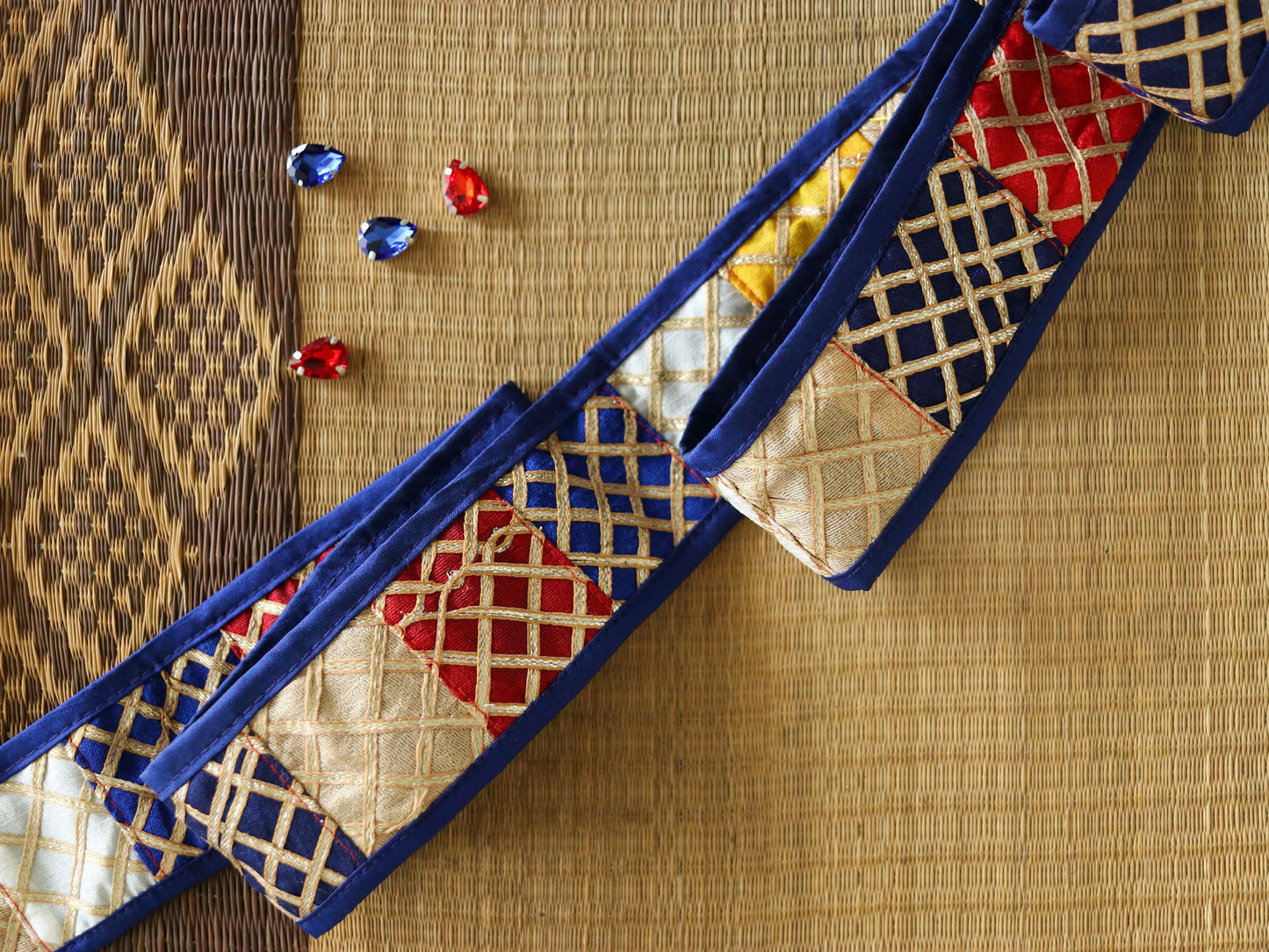 Boho Blue Patchwork Embroidered Trim,Upcycled Embroidered Lace,Blue Gold Gota Border,Indian Patchwork Khichdi Saree Border,Price/mtr