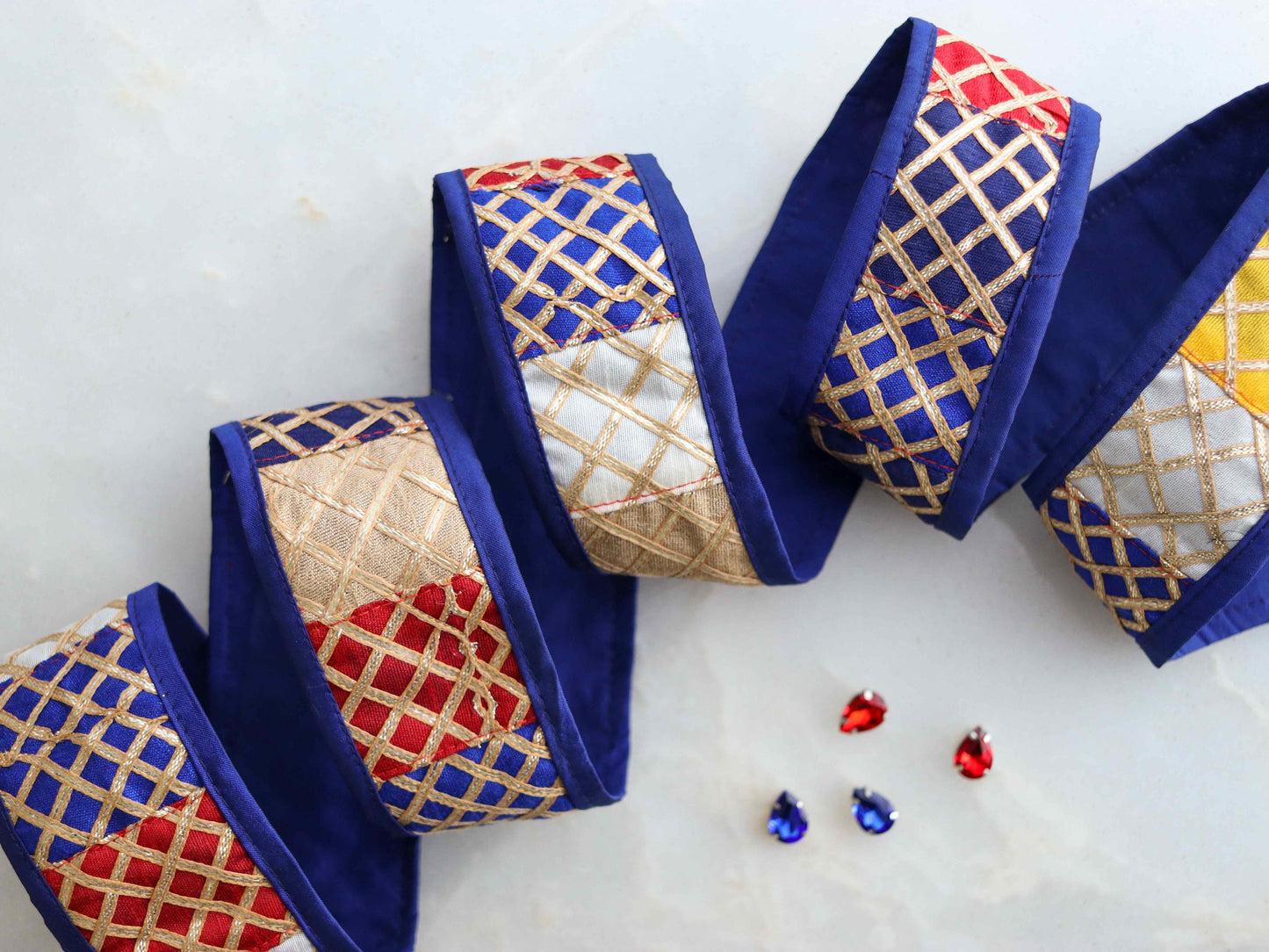 Boho Blue Patchwork Embroidered Trim,Upcycled Embroidered Lace,Blue Gold Gota Border,Indian Patchwork Khichdi Saree Border,Price/mtr