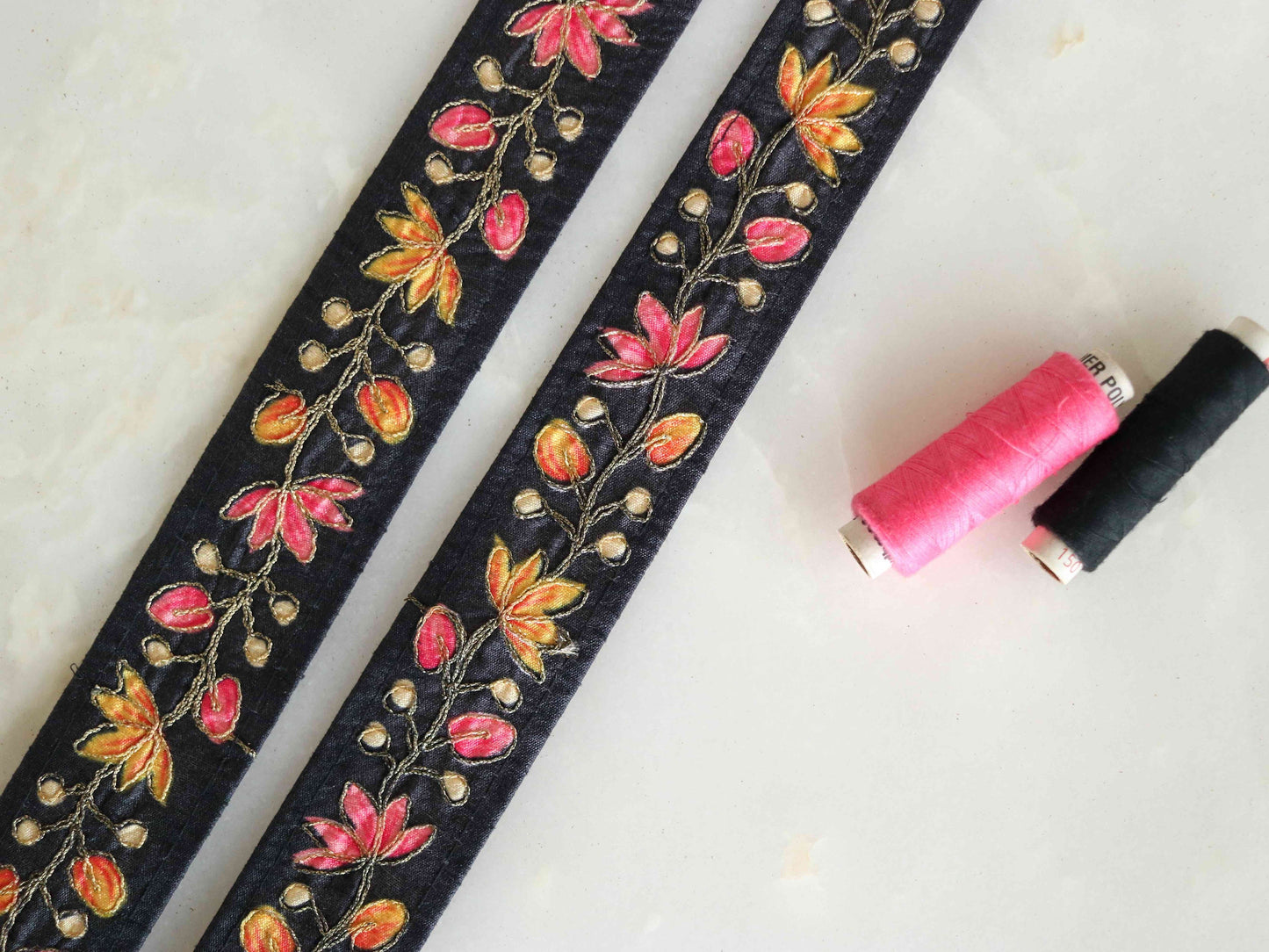 Black Floral Digital Print Trim,Black Pink Printed Border,Boho Floral Digital Print Lace,Floral Saree Border,Price/mtr