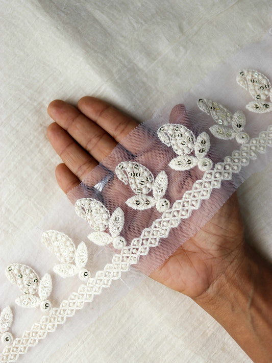 White Paisley Net Embroidered Trim,Indian Fabric Net Paisley Border,White Mirror Sequins Lace,Paisley Saree Border,Price/mtr