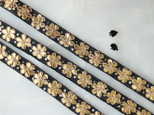 Black Gold Floral Embroidered Trim,Gold Gota Floral Border,Gota Floral Lace,Bridal Saree Border,Indian Fabric Trim,Price/mtr