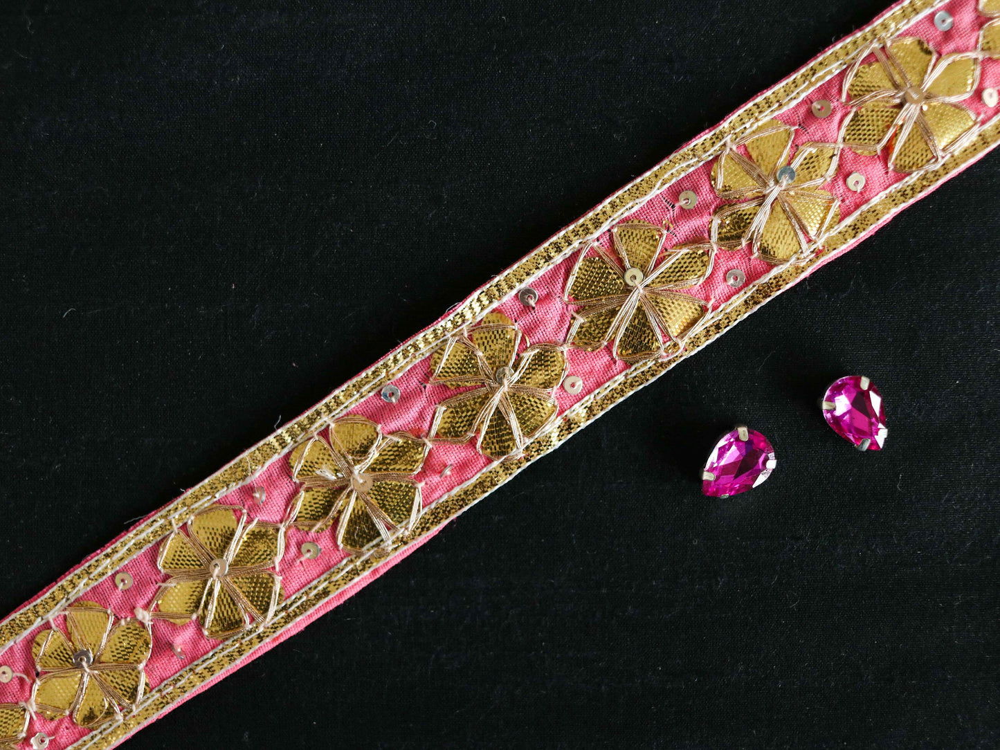 Pink Gold Floral Embroidered Trim,Gold Gota Floral Border,Gota Floral Lace,Bridal Saree Border,Indian Fabric Trim,Price/mtr