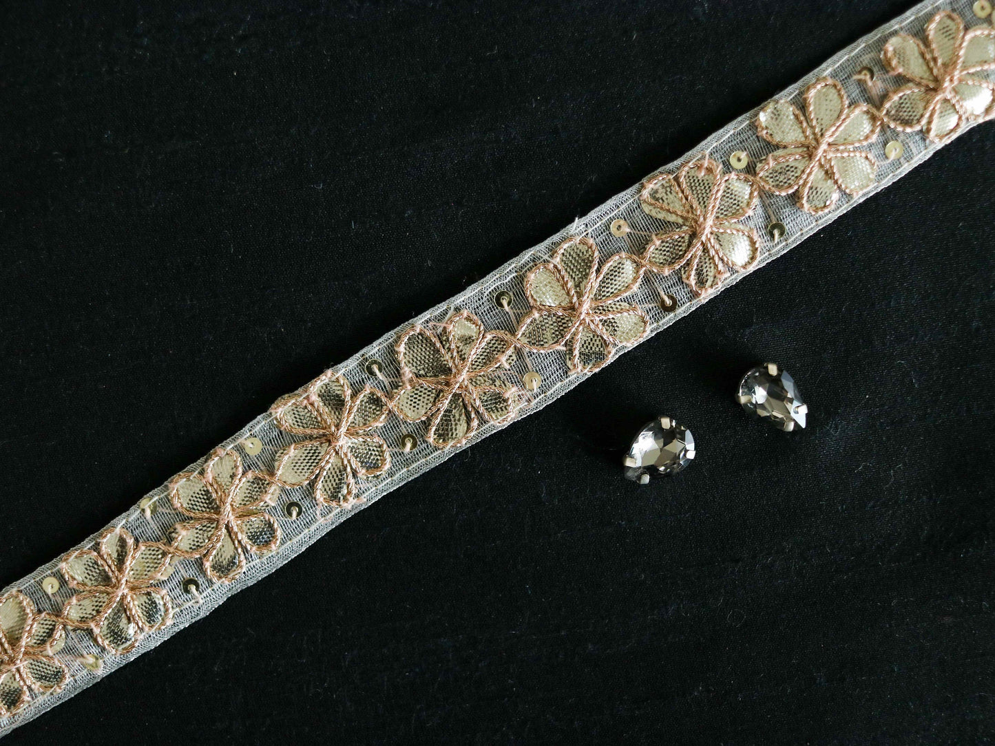 Grey Gold Floral Embroidered Trim,Gold Gota Floral Border,Gota Floral Lace,Bridal Saree Border,Indian Fabric Trim,Price/mtr