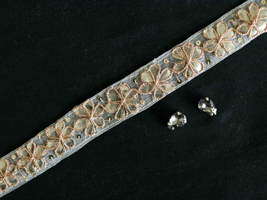 Grey Gold Floral Embroidered Trim,Gold Gota Floral Border,Gota Floral Lace,Bridal Saree Border,Indian Fabric Trim,Price/mtr