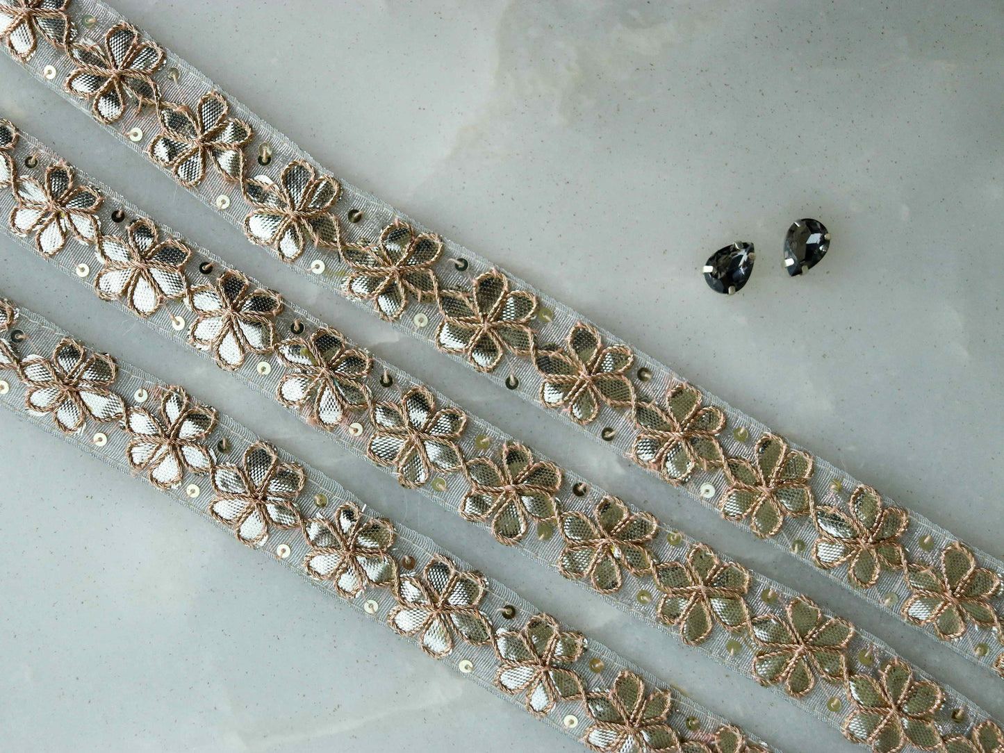 Grey Gold Floral Embroidered Trim,Gold Gota Floral Border,Gota Floral Lace,Bridal Saree Border,Indian Fabric Trim,Price/mtr