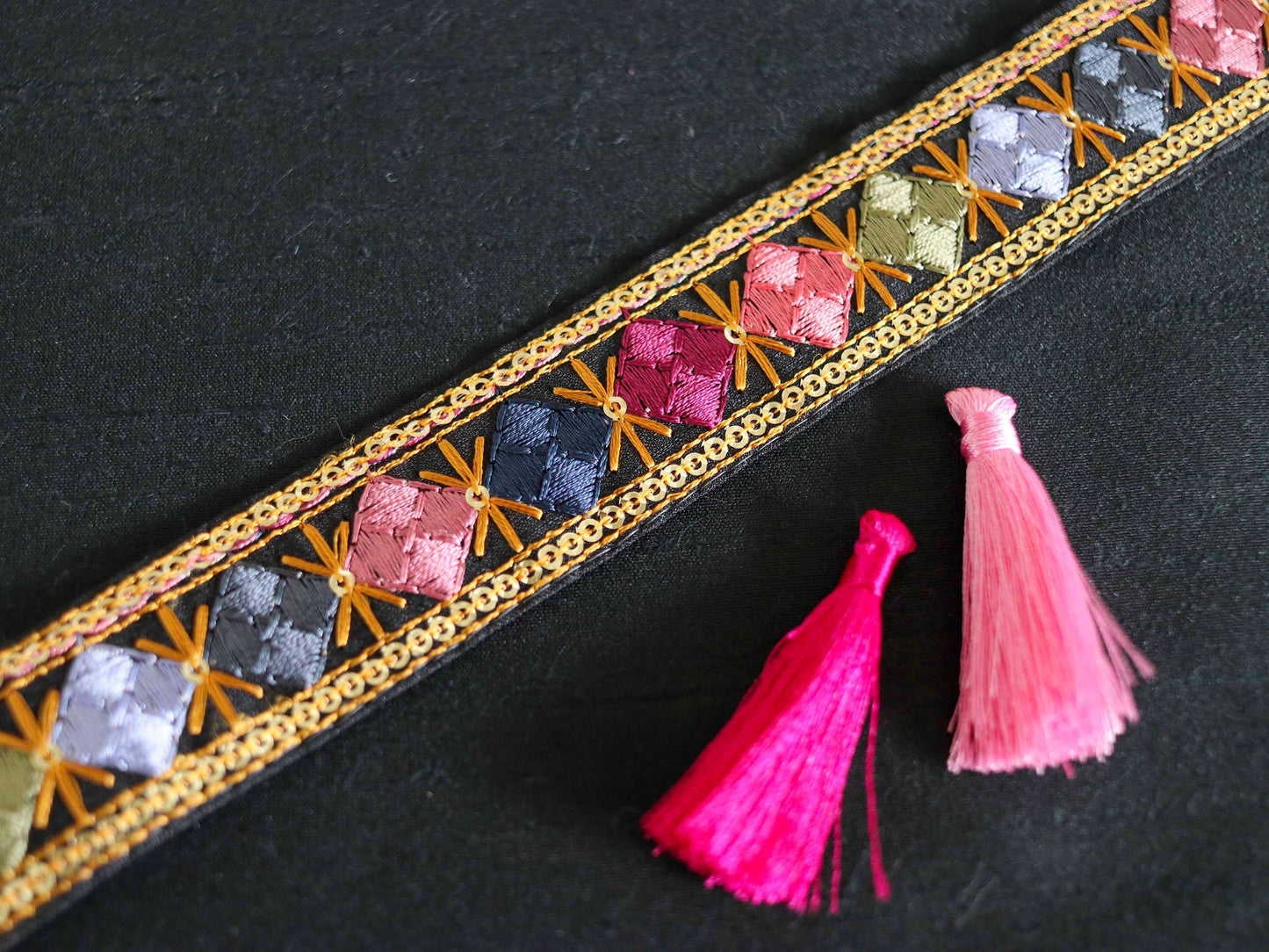 Black Pink Floral Embroidered Trim,Black Earthy Checks Sequin Border,Black Square Lace,Indian Trim,Black Saree Border,Price/mt
