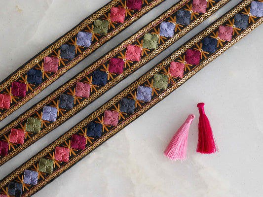 Black Pink Floral Embroidered Trim,Black Earthy Checks Sequin Border,Black Square Lace,Indian Trim,Black Saree Border,Price/mt