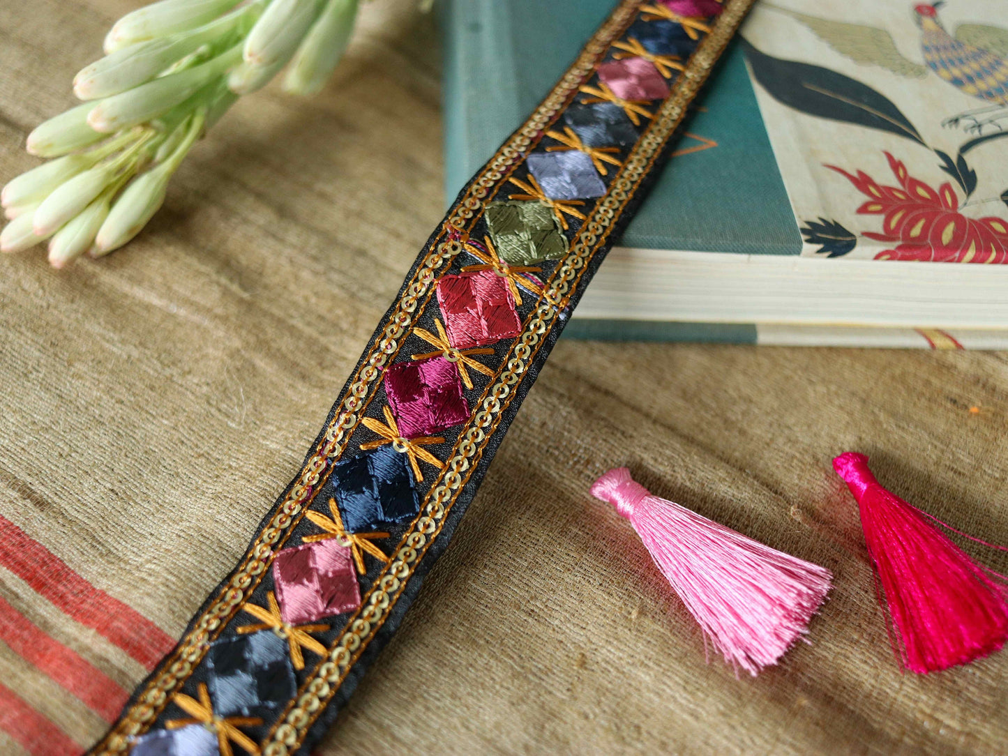 Black Pink Floral Embroidered Trim,Black Earthy Checks Sequin Border,Black Square Lace,Indian Trim,Black Saree Border,Price/mt