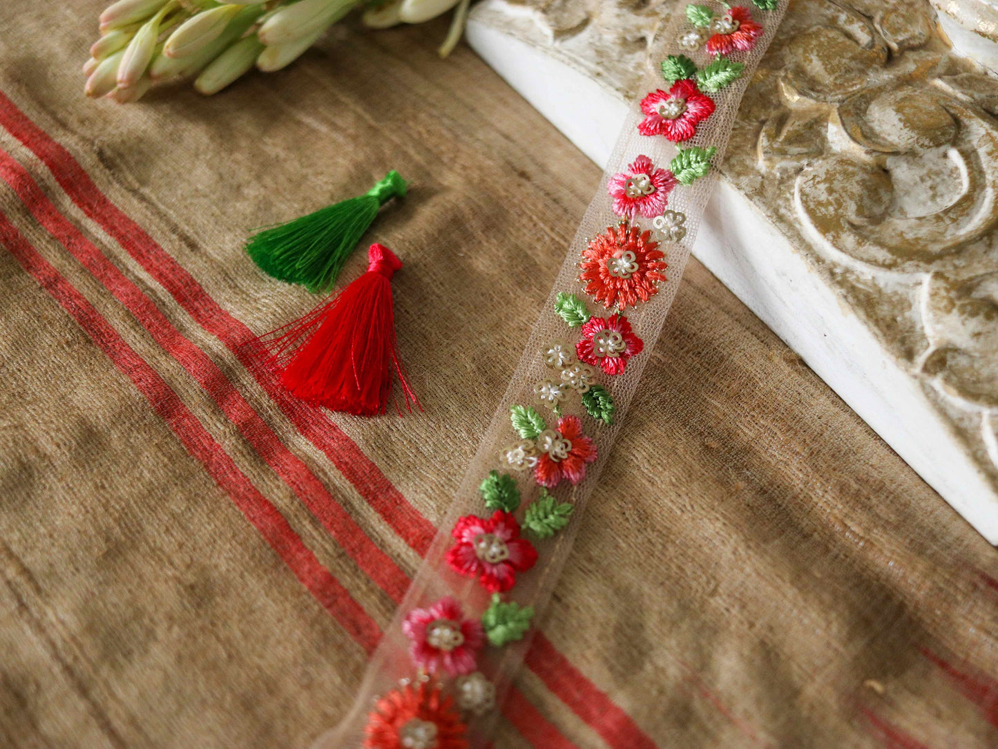 Red Pink Floral Embroidered Trim,Orange Pink Net Floral Border,Floral Embroidery Lace,Indian Trim,Pink Saree Border,Price/mtr