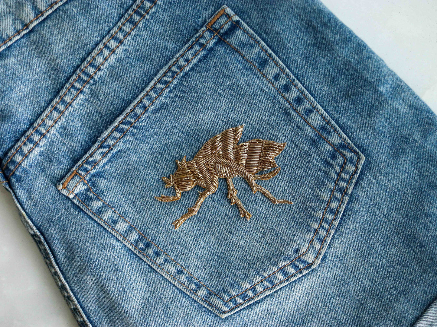 Quirky Gold Embroidered Bee Patch,Handmade bee applique,Boho Gold Insect Patch,Denim Patch,Sew on applique,DIY Patch