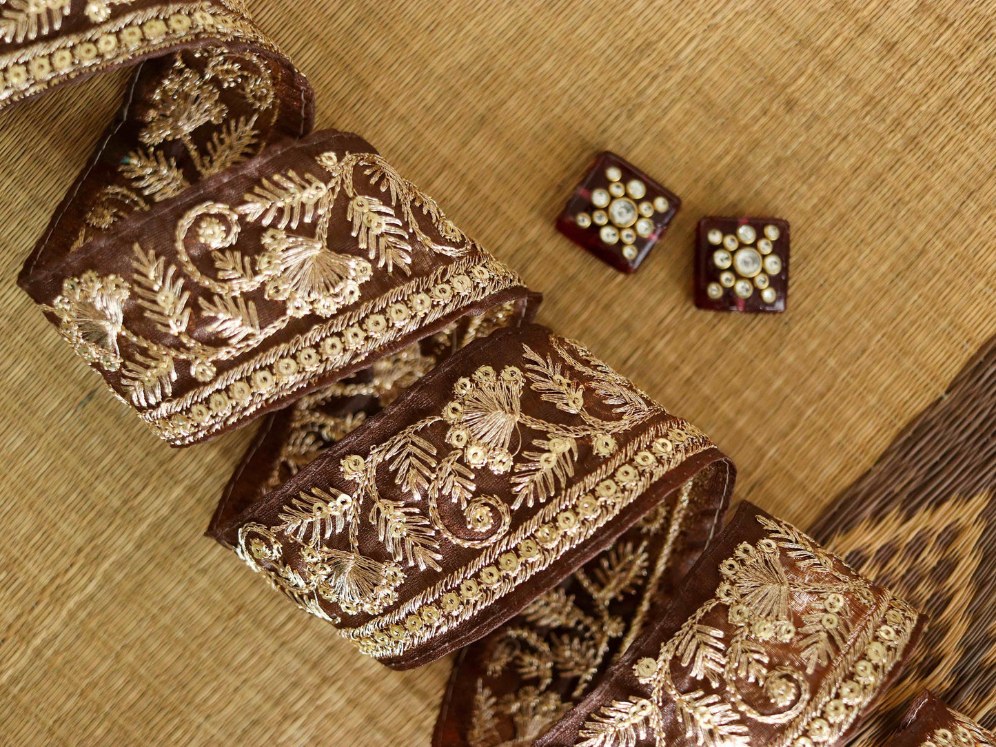 Brown Gold Floral Embroidered Trim,Brown Floral Organza Border,Floral Tissue Lace,Indian Trim,Floral Saree Border,Price/mtr