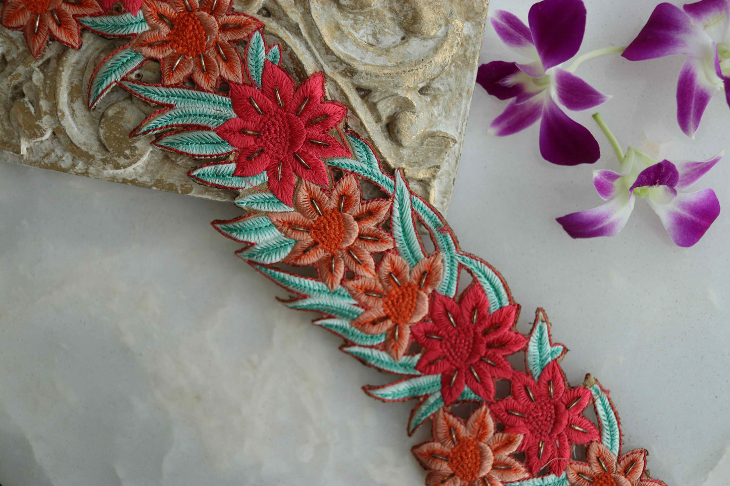 Pink Peach Floral Cutwork Trim,Floral Embroidered Border,Pink Peach Floral Cutwork Lace,Floral Saree Border,Price/mtr