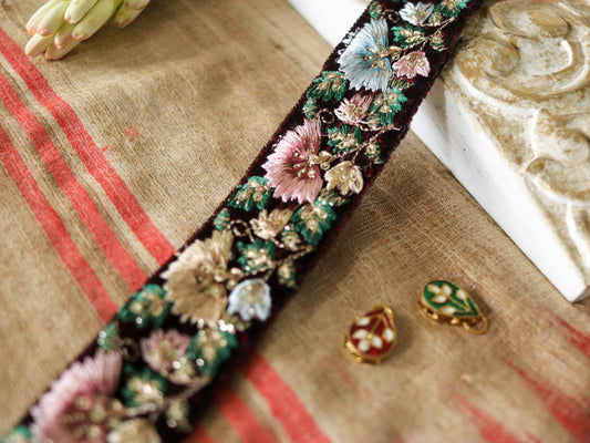 Maroon Velvet Floral Embroidered Trim,Indian Fabric Border,Burgundy Floral Lace,Parsi Embroidery,Maroon Saree Border,Price/mtr