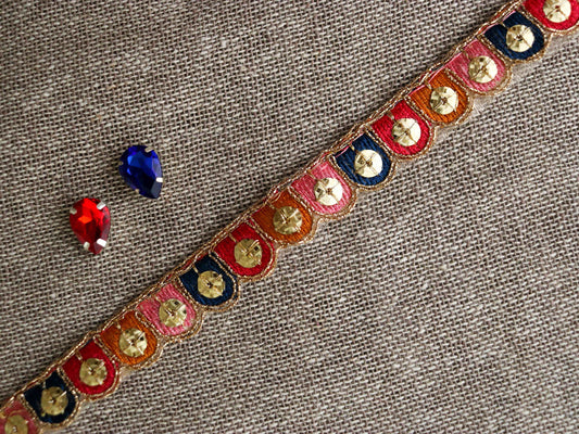 Thin Multicolour Embroidered Sequin Trim,Pink Blue Gold Scallop Border,Bridal Designer Lace,Colourful Sequin Saree Border,Price/mtr