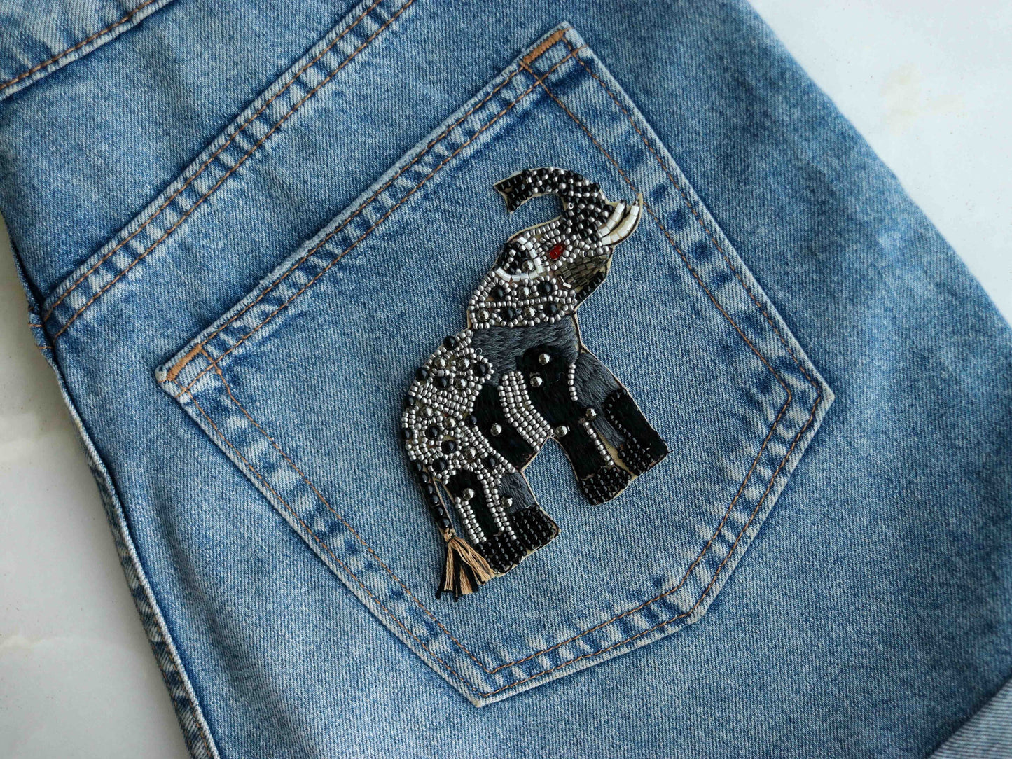 Silver Black Elephant Beaded Patch,Handmade embroidered applique,Grey Elephant applique,Quirky Animal patch,Sew on applique,DIY Patch