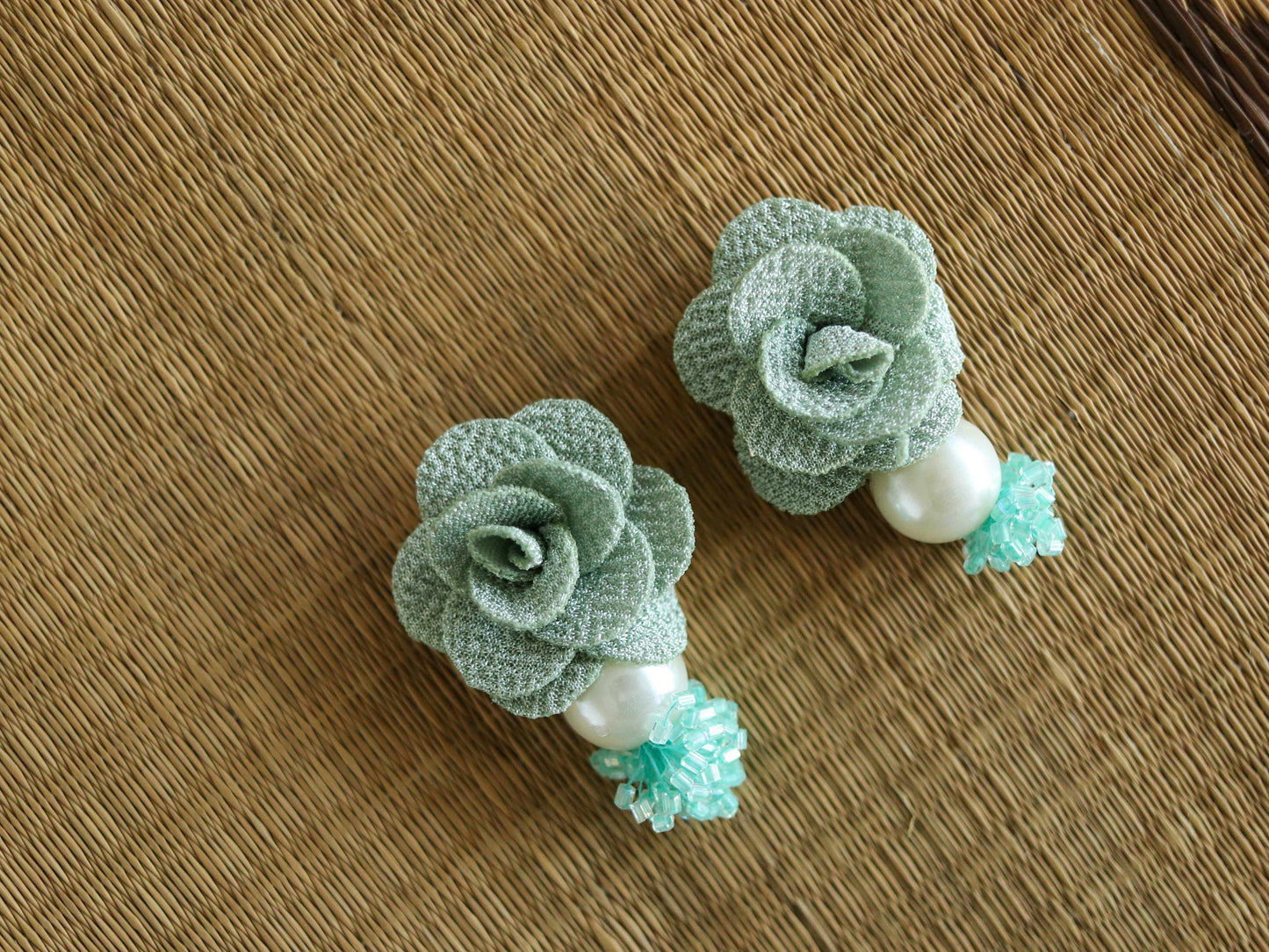 Green White Floral Beaded Buttons,Handmade Sea Green Floral Fabric Buttons,Floral Charms,Jacket Tote Bag Sherwani Buttons,2 pcs