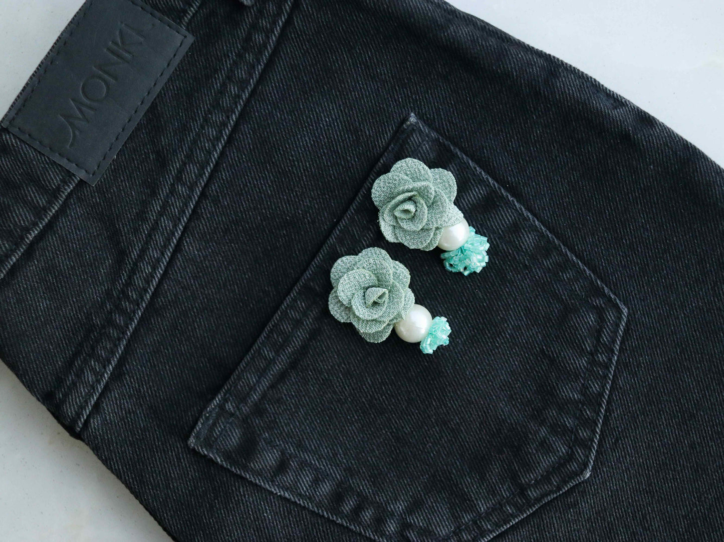 Green White Floral Beaded Buttons,Handmade Sea Green Floral Fabric Buttons,Floral Charms,Jacket Tote Bag Sherwani Buttons,2 pcs