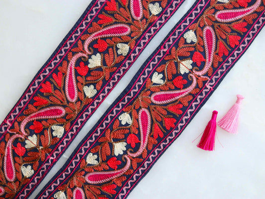 Black Pink Paisley Embroidered Trim,Indian Kashmiri Border,Black Red Paisley Floral Lace,Black Pink Saree Border,Price/mtr