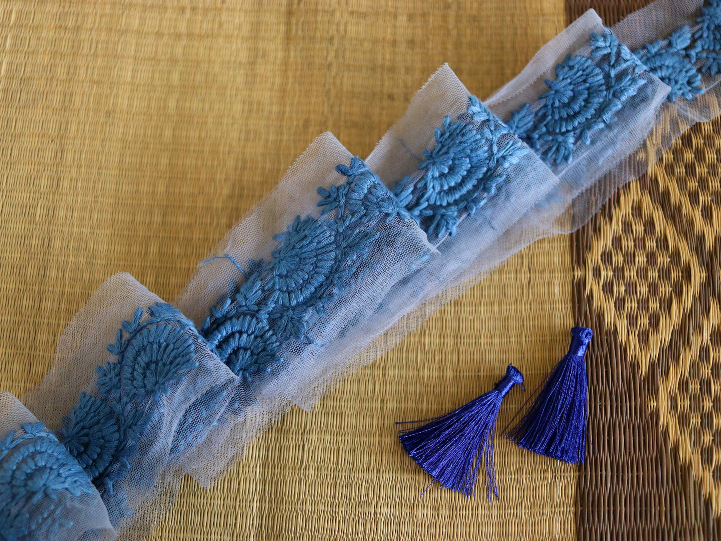 Blue Grey Floral Embroidered Trim,Net Border,Blue Grey Floral Lace,Indian Fabric Trim,Saree Border,Price/mtr