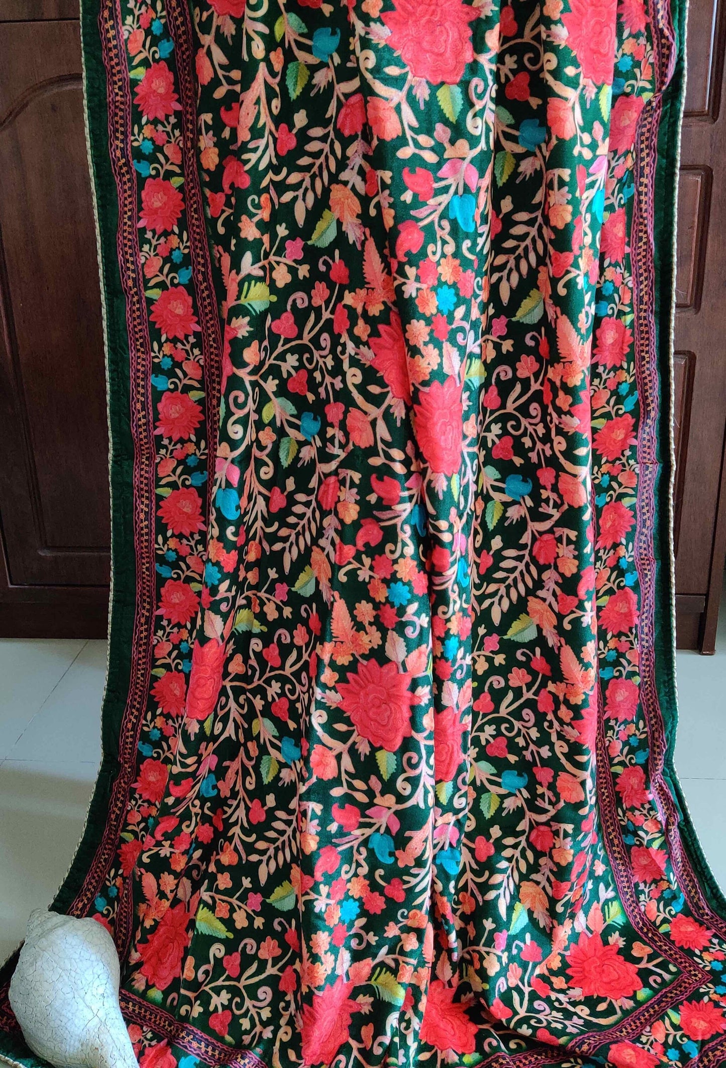 Nargis - Green Floral Velvet Dupatta,Green Pink Red Digital Shawl,Indian Long Stole,Digital Print Velvet Fabric,Sewing Fabric,Gift for Her