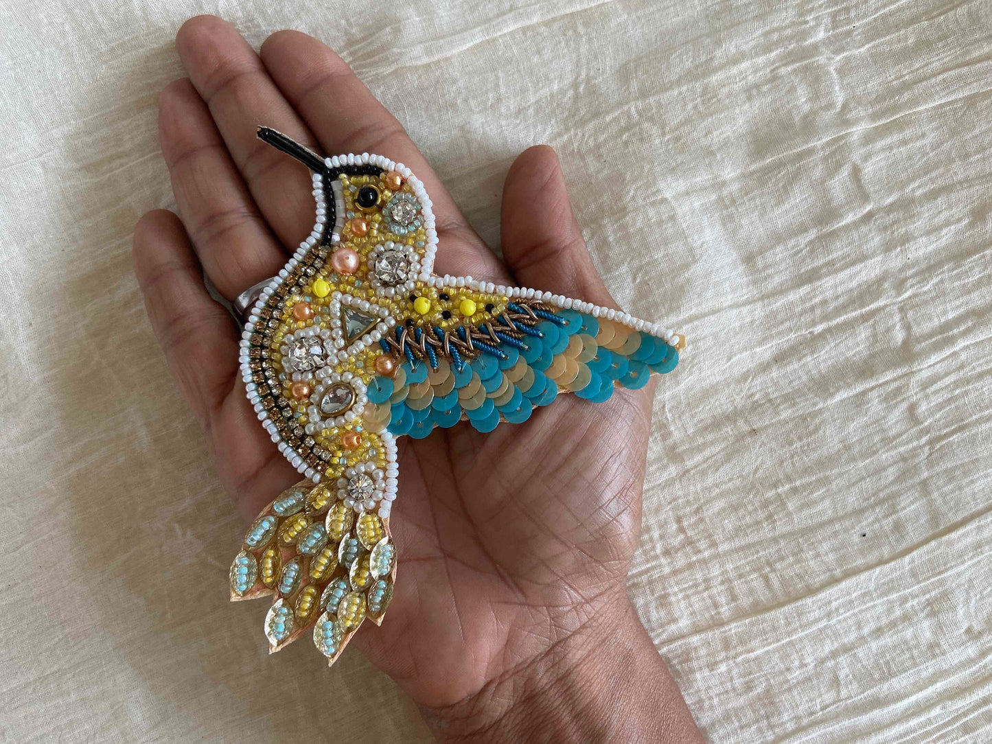 Blue Gold Bird embroidered patch,Handmade Beaded applique,Blue Gold bird patch,Costume Denim Patch,Sew on Applique,DIY Patch