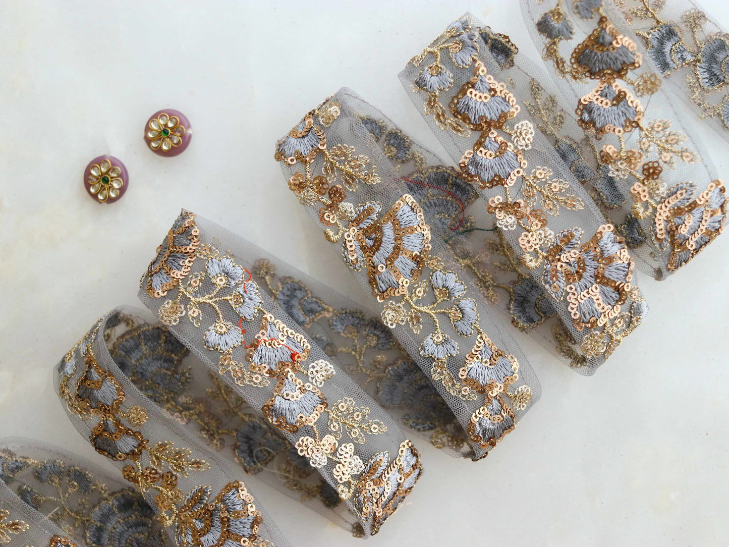 Grey Gold Floral Embroidered Trim,Grey Sequin Net Border,Grey on Grey Lace,Indian Trim,Grey Gold Saree Border,Price/mtr