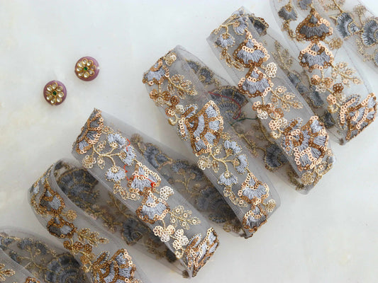 Grey Gold Floral Embroidered Trim,Grey Sequin Net Border,Grey on Grey Lace,Indian Trim,Grey Gold Saree Border,Price/mtr