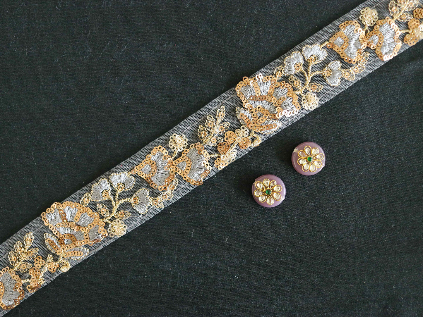 Grey Gold Floral Embroidered Trim,Grey Sequin Net Border,Grey on Grey Lace,Indian Trim,Grey Gold Saree Border,Price/mtr