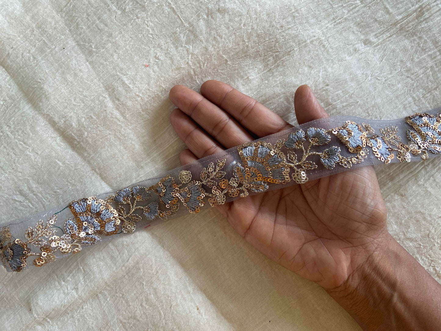 Grey Gold Floral Embroidered Trim,Grey Sequin Net Border,Grey on Grey Lace,Indian Trim,Grey Gold Saree Border,Price/mtr