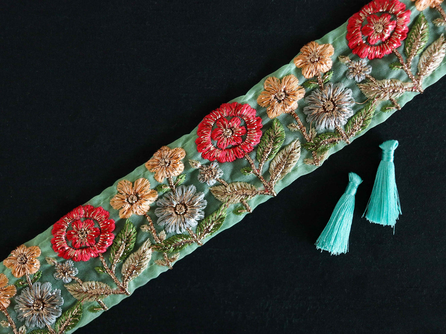 Mint Red Floral Embroidered Trim,Green Tissue Floral Lace,Indian Fabric Trim,Green Gold Floral Organza Saree Border,Price/mtr