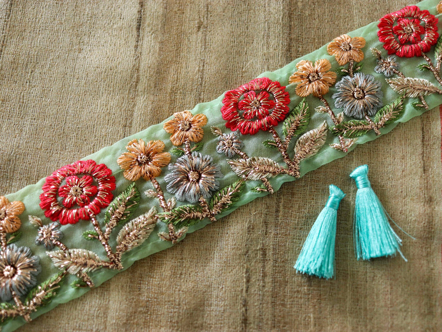 Mint Red Floral Embroidered Trim,Green Tissue Floral Lace,Indian Fabric Trim,Green Gold Floral Organza Saree Border,Price/mtr