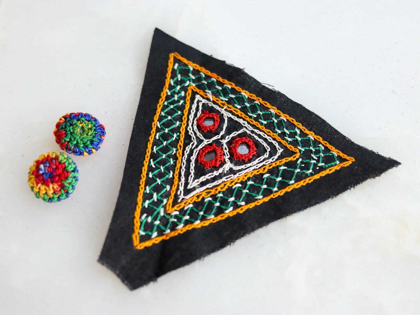 Black Triangle Kutchi Embroidered Patch,Handmade Mirror Applique,Boho Tribal Banjara Black Mirror Embroidery Patch,DIY Patch