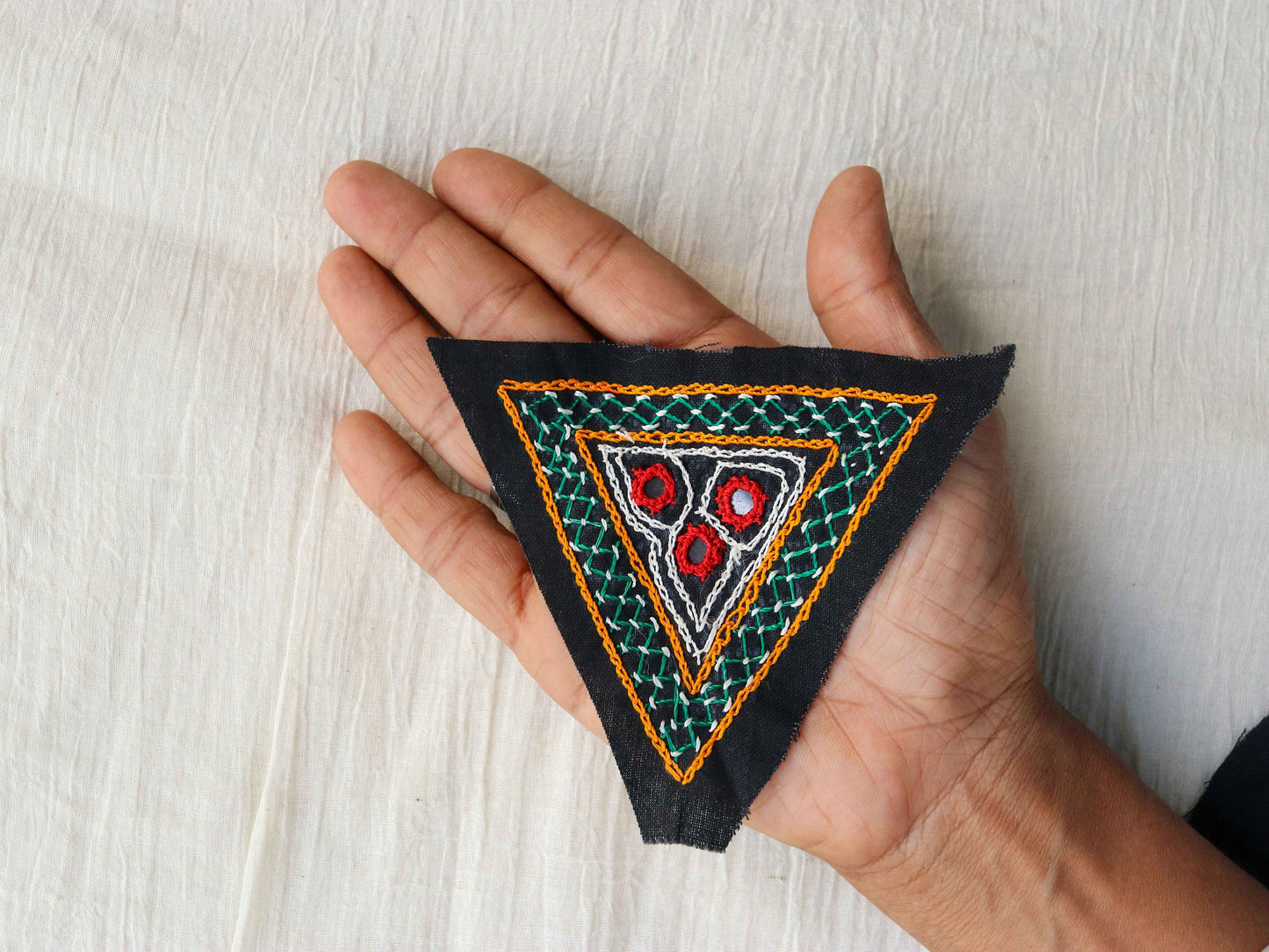 Black Triangle Kutchi Embroidered Patch,Handmade Mirror Applique,Boho Tribal Banjara Black Mirror Embroidery Patch,DIY Patch