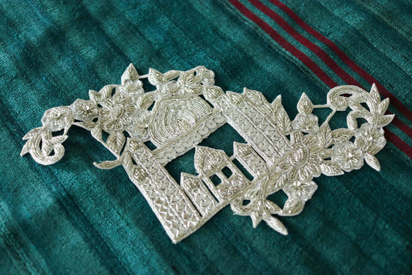 Silver Palace Embroidered Patch,Handmade Taj Mahal Applique,Royal Palace Silver Cutwork Patch,DIY Costume Dress Patch