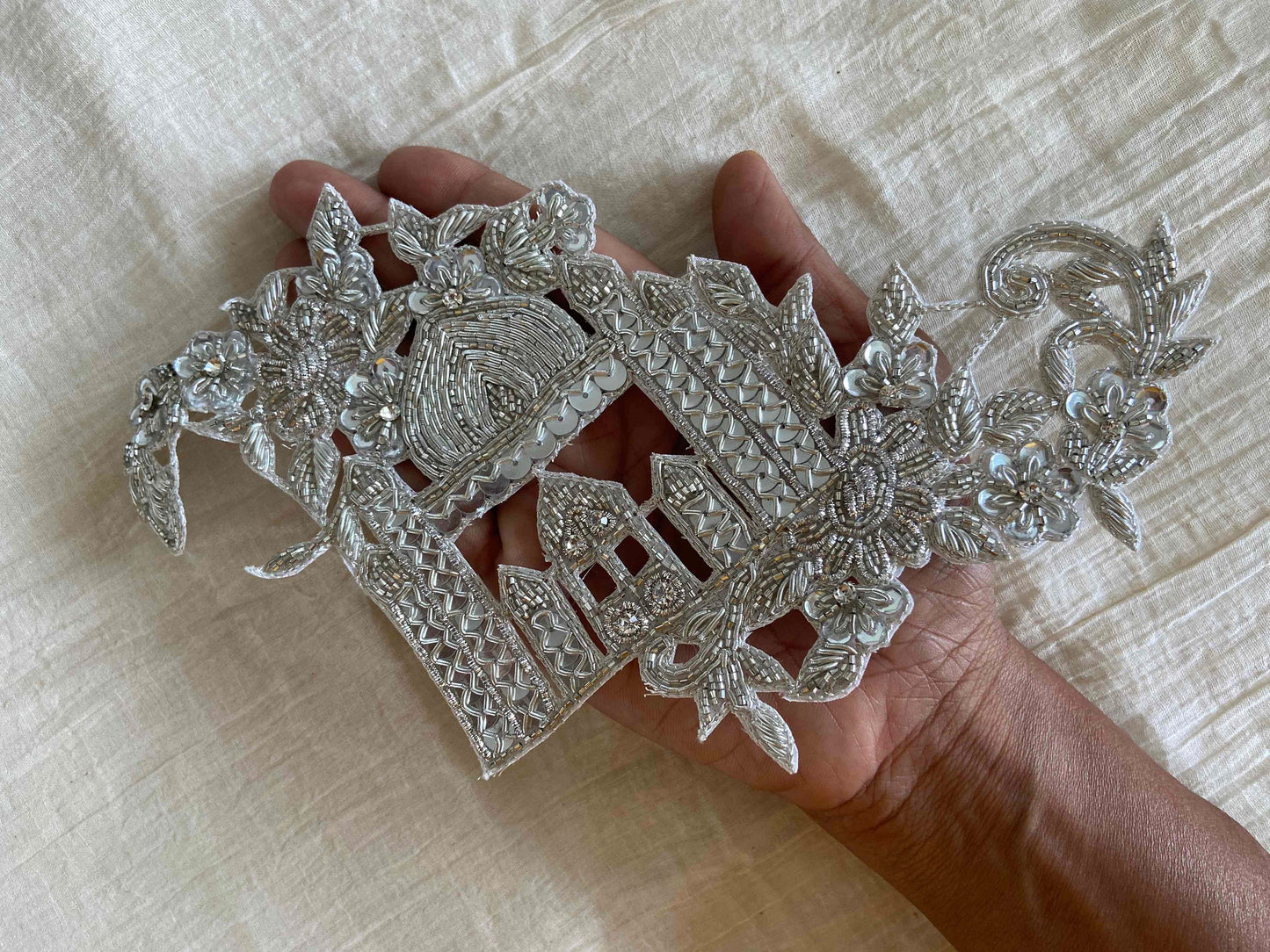 Silver Palace Embroidered Patch,Handmade Taj Mahal Applique,Royal Palace Silver Cutwork Patch,DIY Costume Dress Patch