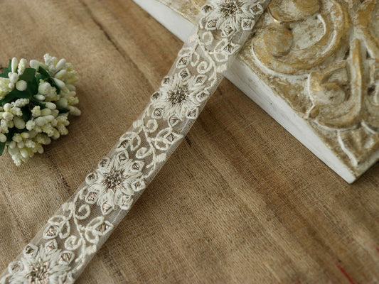 White Gold Floral Embroidered Trim,Indian Fabric Net Border,White Net Floral Lace,White Gold Saree Border,Price/mtr